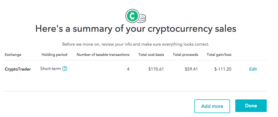 Cryptocurrency summary from within TurboTax