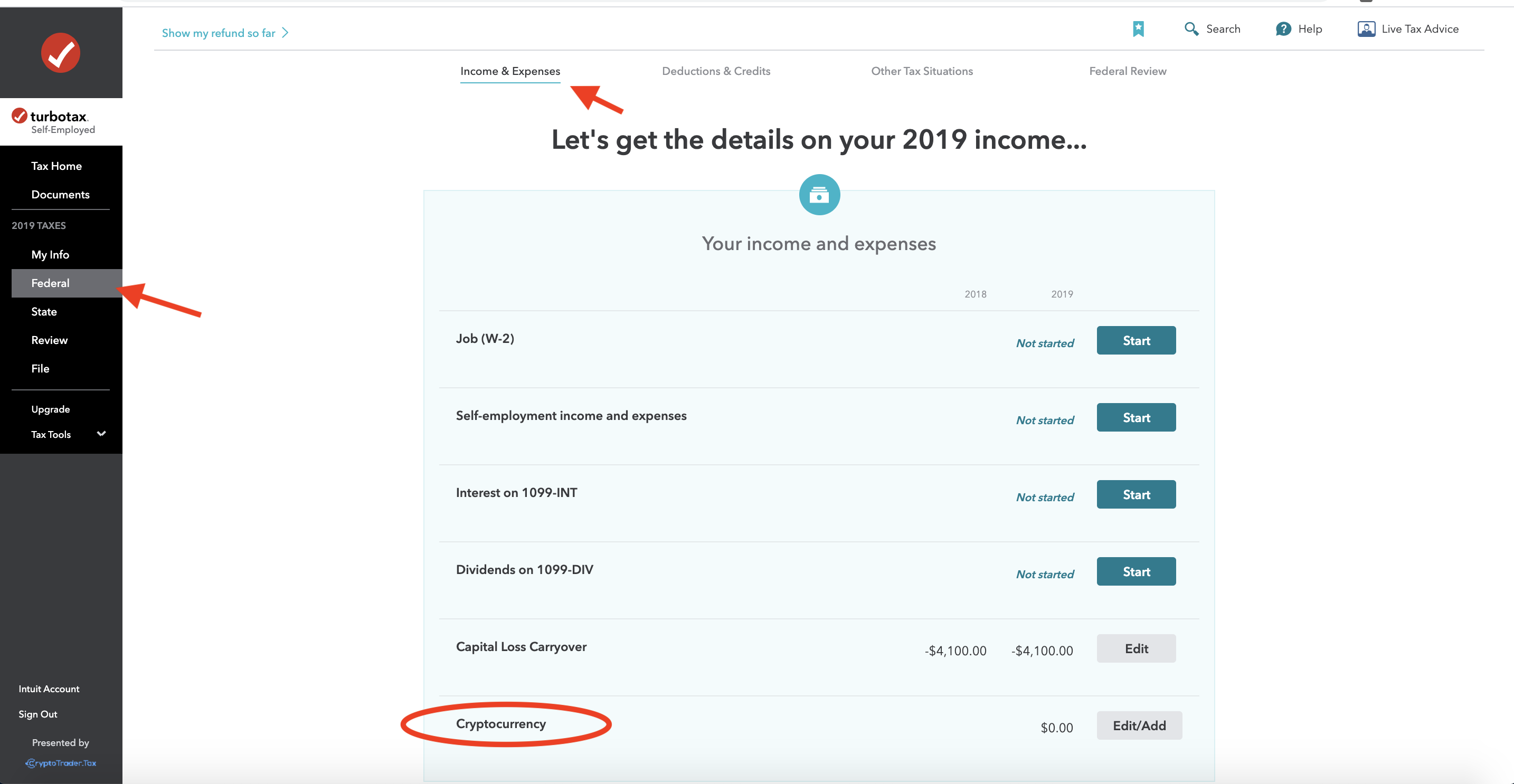 Cryptocurrency Section Within TurboTax