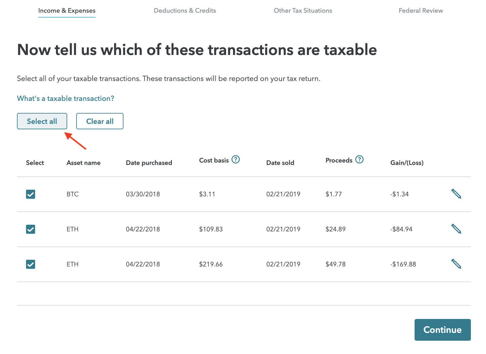 Select all cryptocurrency transaction in TurboTax